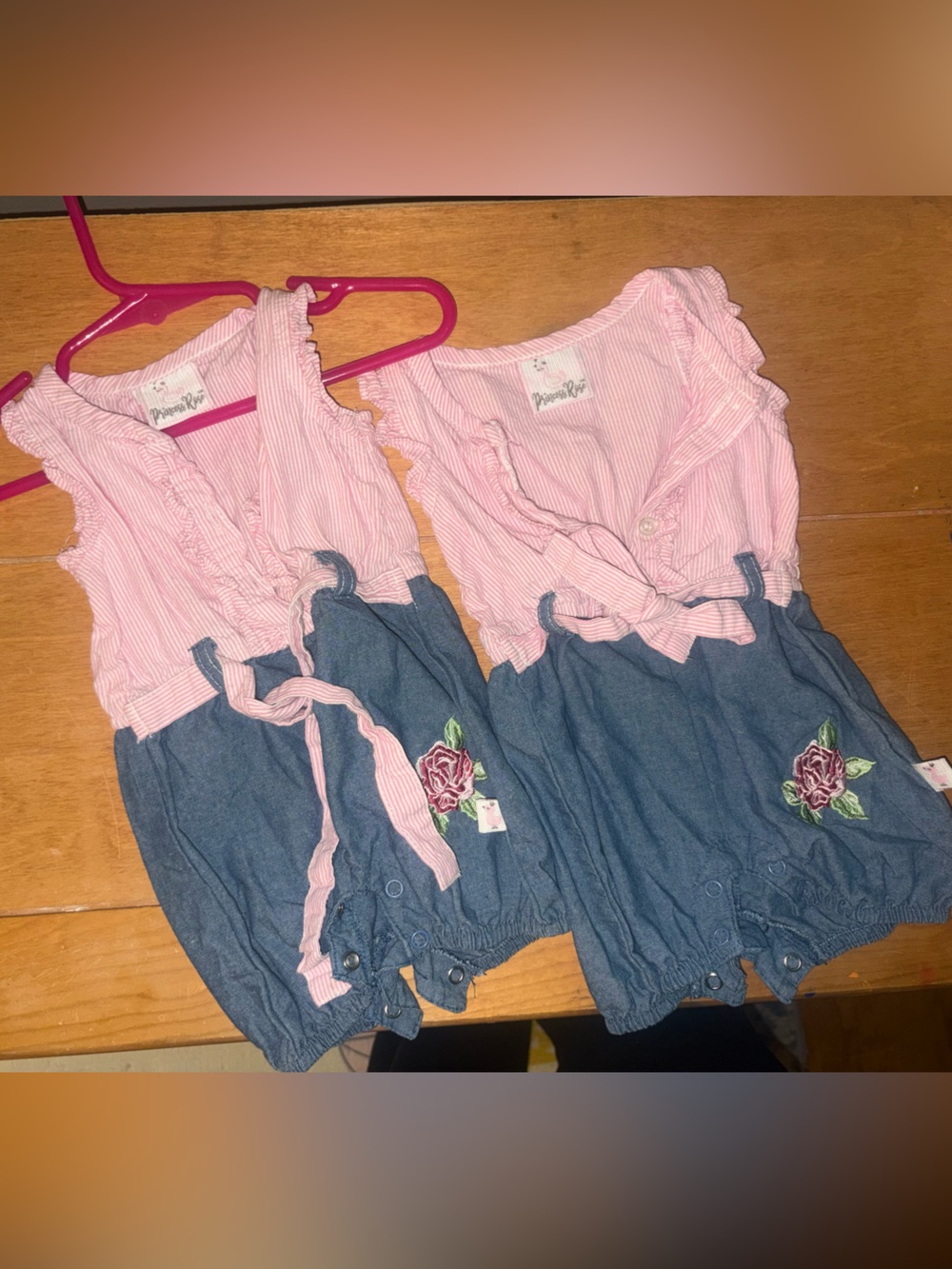 Twin set- Pink & Blue Floral Denim Baby One-Piece Romper by (blank)